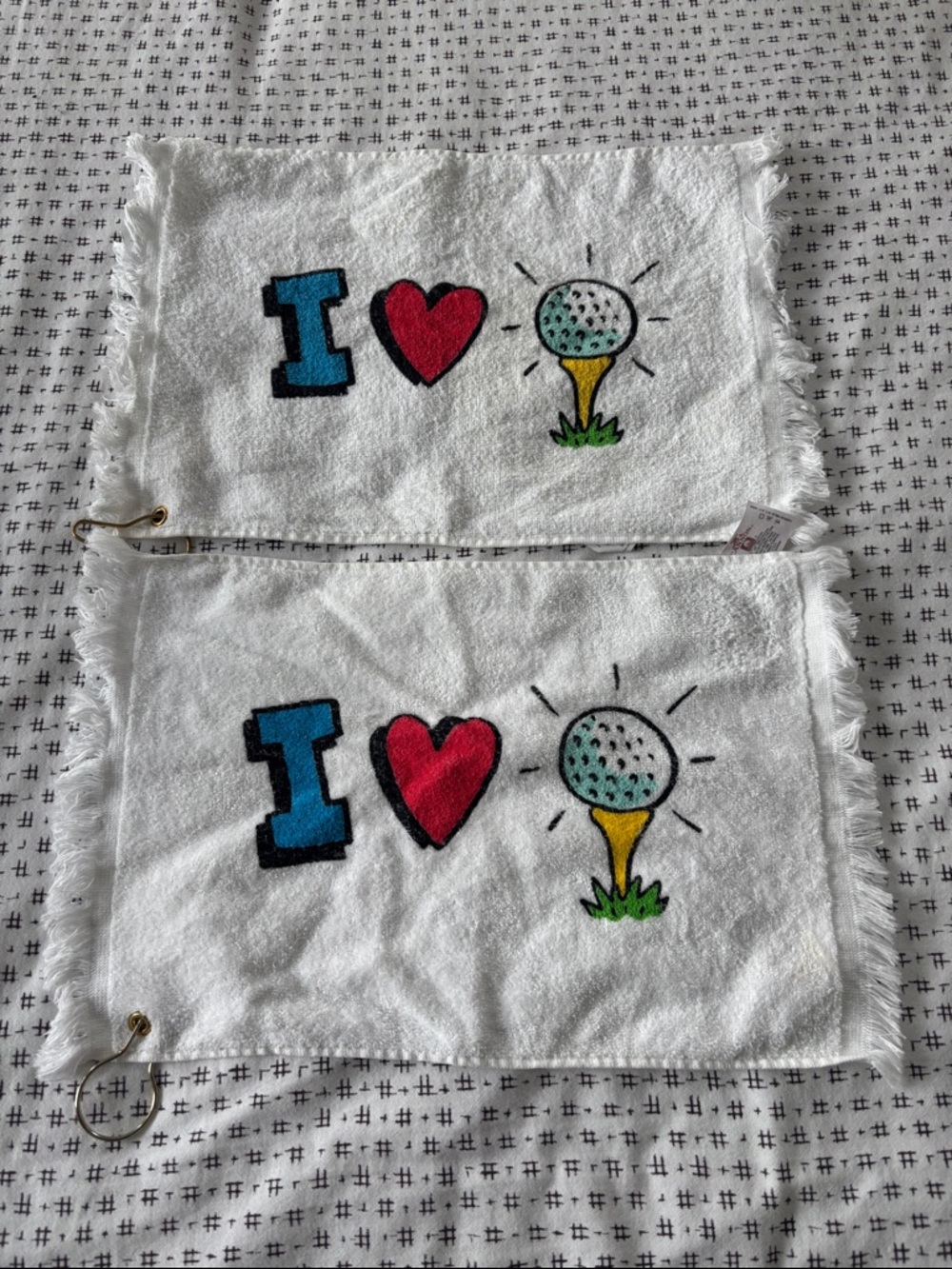 Vintage Hallmark Golf Towels, set of 2, white w/ graphics, hanging hook,17.5x11”